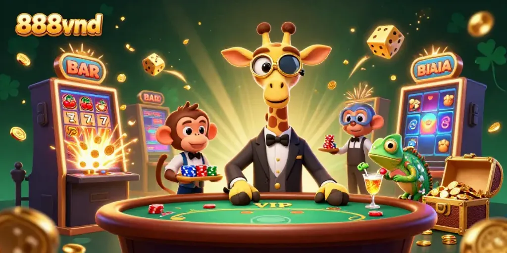 Experience thrilling wins at 888vnd with a vibrant 3D casino scene featuring unique characters and dynamic gaming elements.