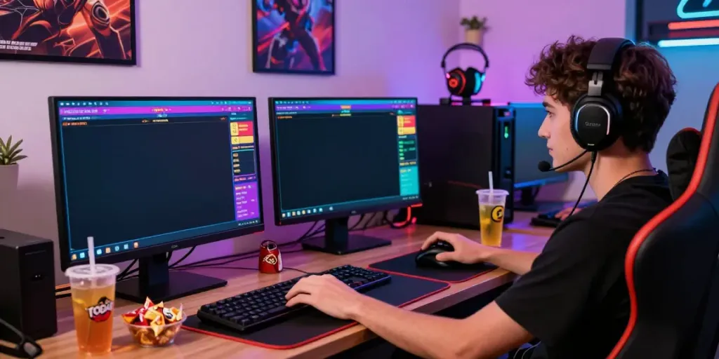 Engaging davo 88 online gaming scene with enthusiastic player at desk, modern setup
