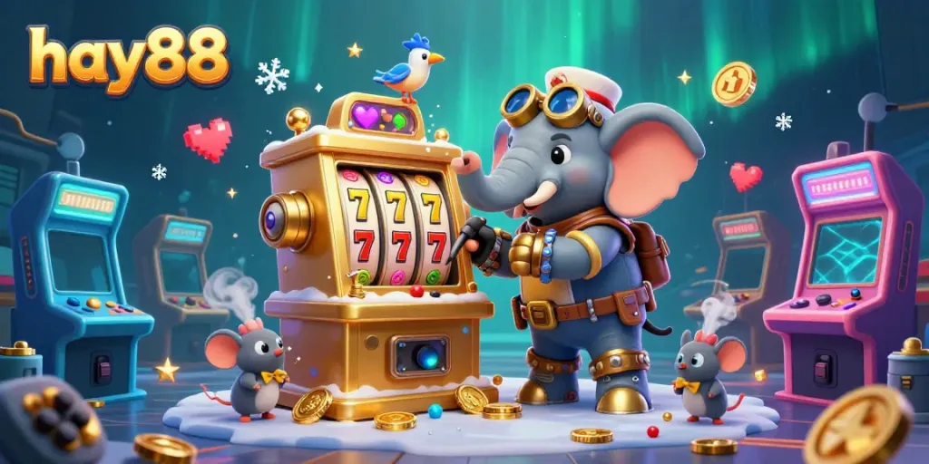 Experience exciting slot games at hay88 with a vibrant steampunk elephant engineer illustration.