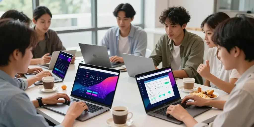 Engaged users analyzing togel online data in a modern workspace.