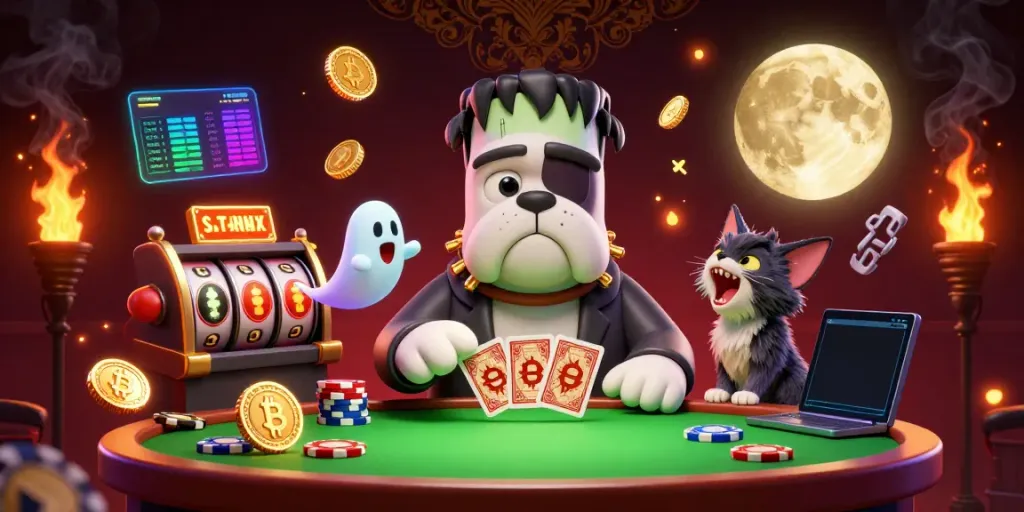Fabet showcases a cartoon bulldog dealing cards at a vibrant casino table, surrounded by crypto coins and slot reels.