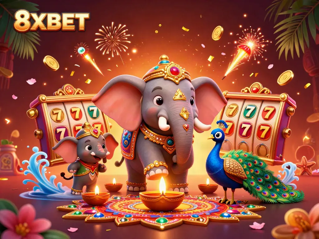 Experience the excitement of 8XBET with a captivating casino scene featuring vibrant symbols, luck, and gameplay.