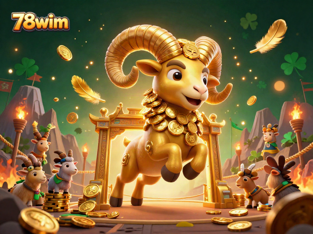 Experience the thrill of 78wim with a golden ram charging into a vibrant sports betting arena, amidst gold coins and stunning visuals.