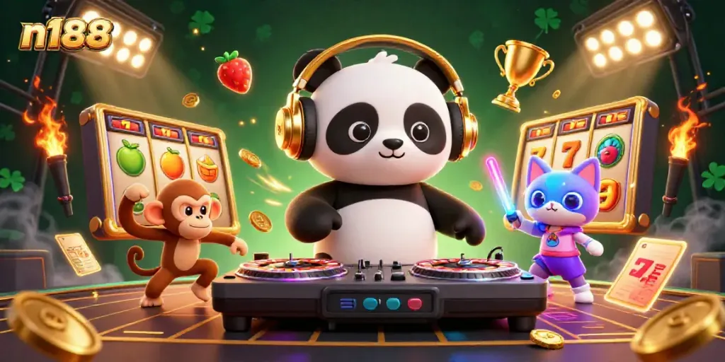 Experience thrilling wins with N188, featuring a vibrant casino party scene with cartoon characters and slot game elements.