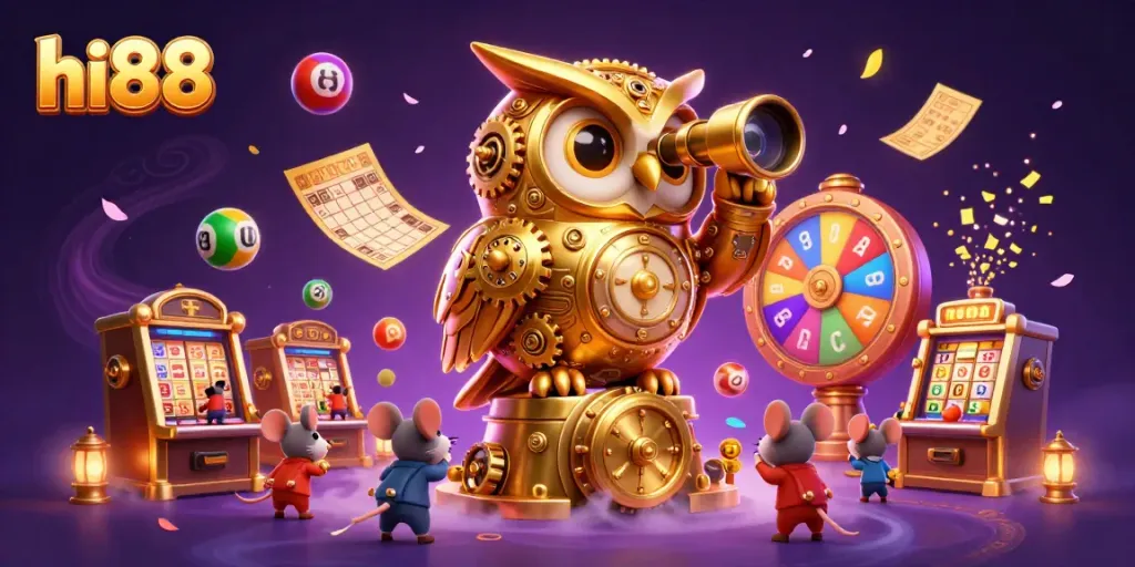 Engage with hi88's vibrant casino experience featuring a golden owl and lively gameplay elements.