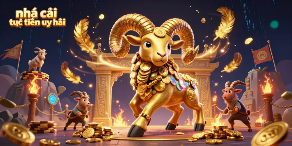 Engage with the vibrant world of nhà cái trực tuyến uy tín, experiencing excitement with a golden ram charging through a dynamic carnival scene.