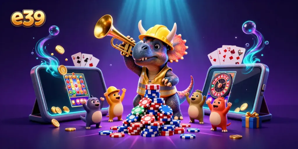 Build your fortune at e39 as a triceratops builds a poker chip pyramid amid slot games and celebration