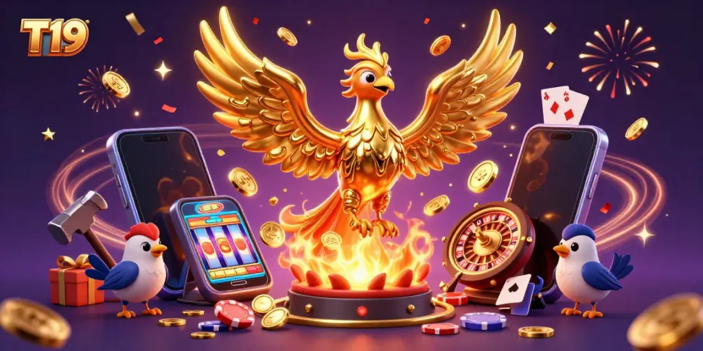T19 players engage in a lively game with 3D golden phoenix, coins, and colorful slot machine symbols.