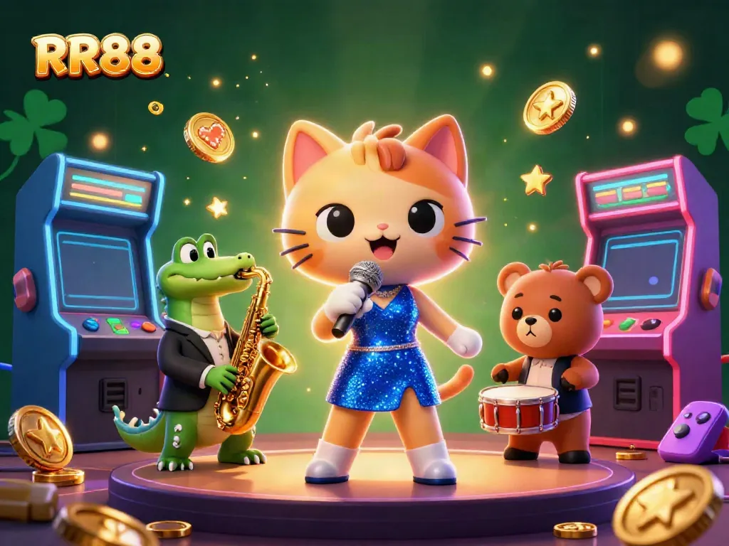RR88 showcases an exciting casino scene with animated characters and vibrant game elements.