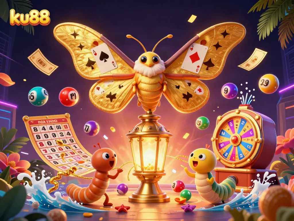 ku88 engages players with vibrant casino action featuring a golden atlas moth surrounded by dynamic game elements.