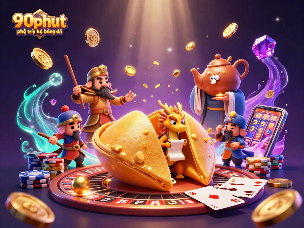 Experience thrilling 90phut phát trực tiếp bóng đá with vibrant casino-themed 3D illustration.