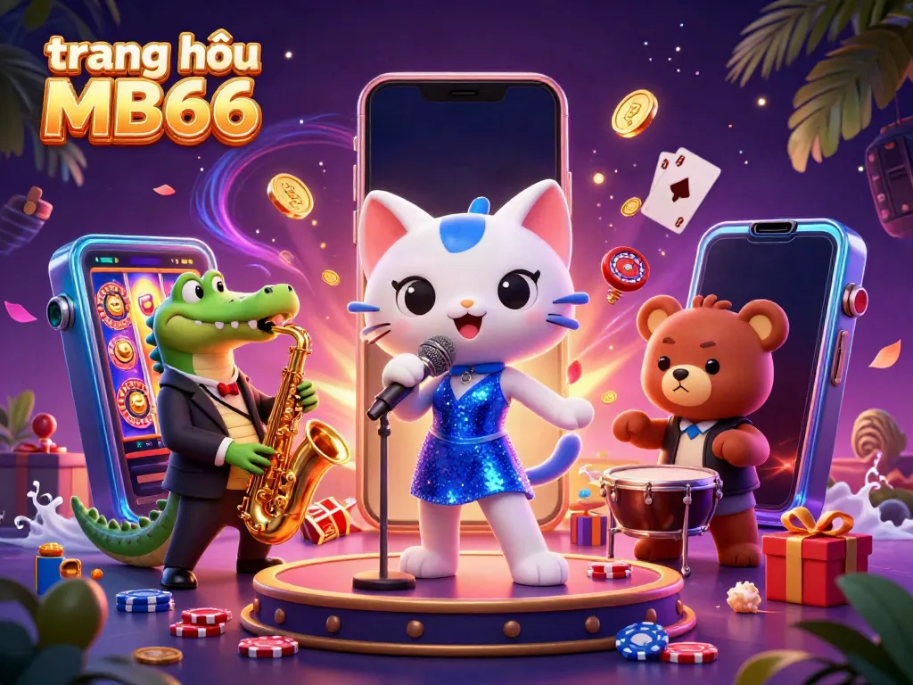 Experience thrills on trang chủ MB66 with a lively casino scene featuring musicians, slots, and poker.