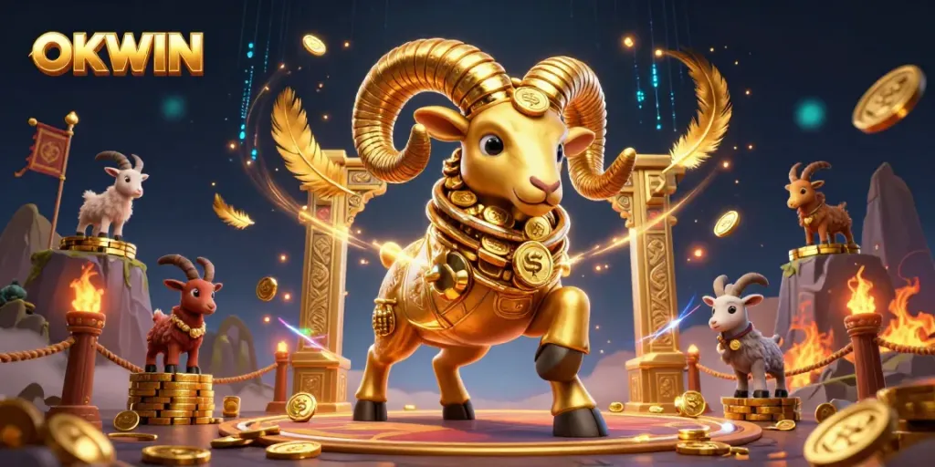 OKWIN brings excitement to life with golden ram and casino elements in a vibrant 3D illustration.