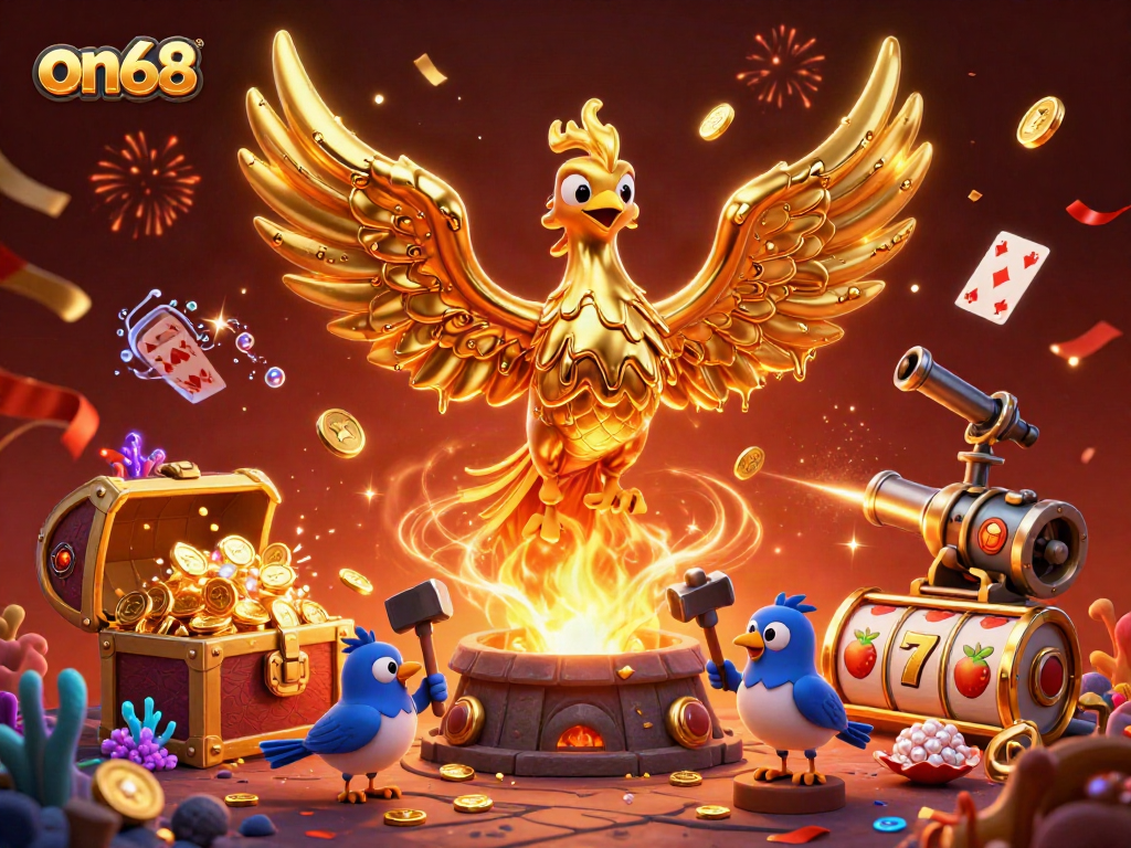 Experience the thrill of on68 with a vibrant golden phoenix and dynamic casino elements.