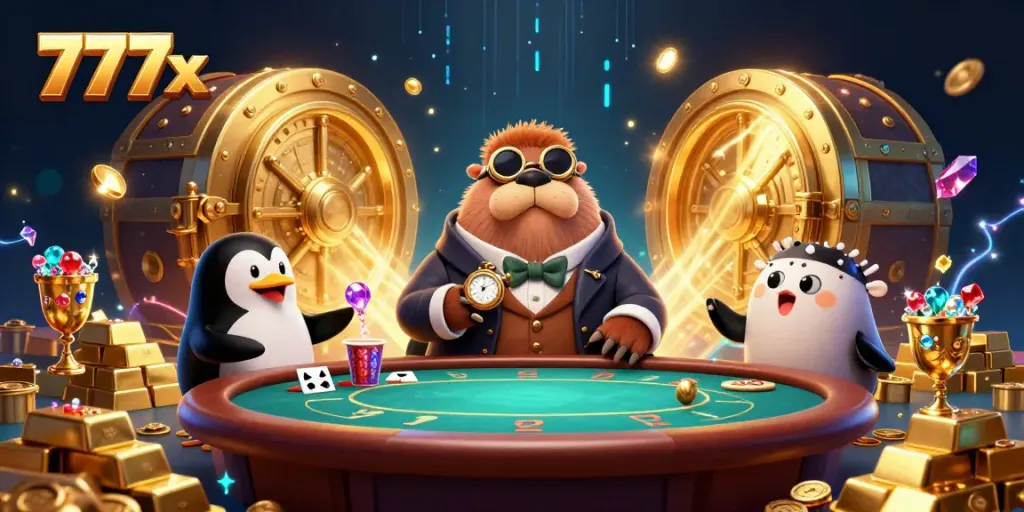 Bluffing at the poker table in 777x, a walrus in Victorian attire plays against a penguin dealer.