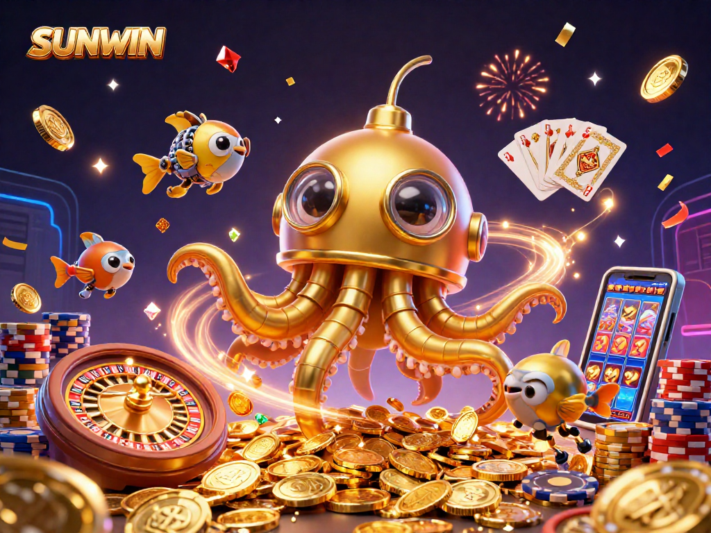 SUNWIN reveals a vibrant 3D gaming adventure as a golden kraken submarine joins mechanical fish amidst cascading coins.