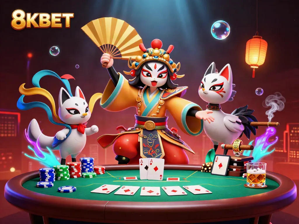 Experience the excitement of 8KBET with a vibrant 3D casino scene featuring a kabuki warrior and poker elements.