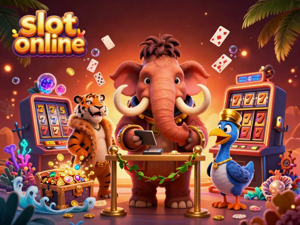 Experience thrilling slot online action with brightly illustrated characters in a lively casino scene.