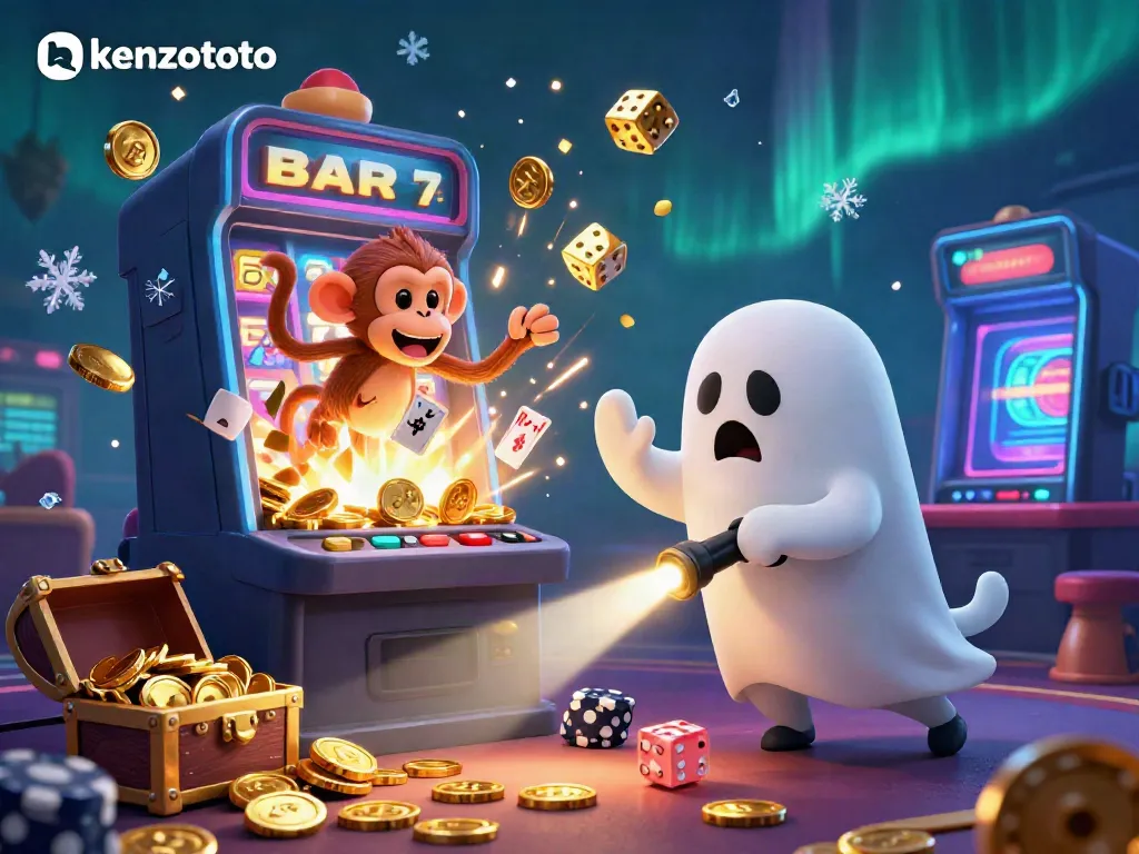 Experience the thrill of Kenzototo with a mischievous poltergeist monkey and a ghost-hunter puppy in a vibrant casino scene.