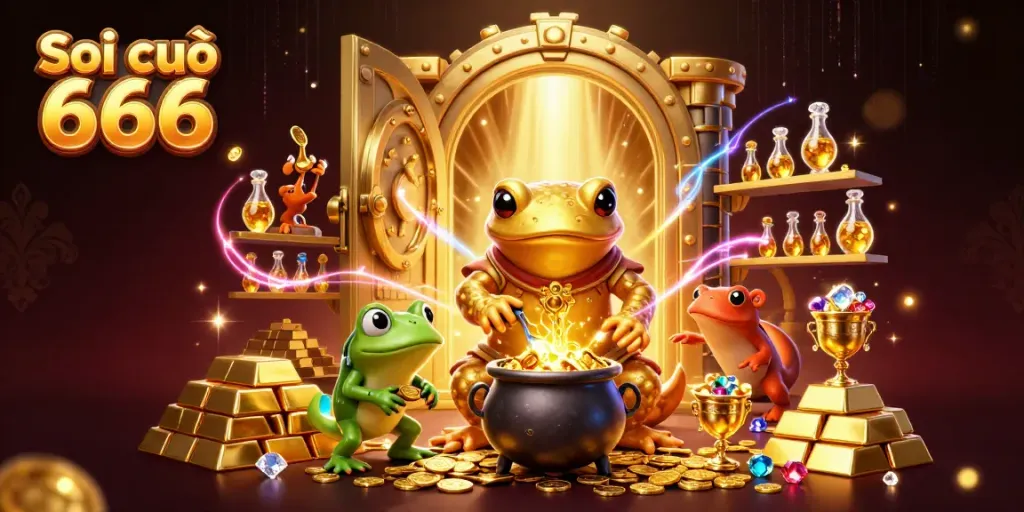 Soi cầu 666 showcases dynamic 3D cartoon scene with alchemist and gold elements in vivid detail.