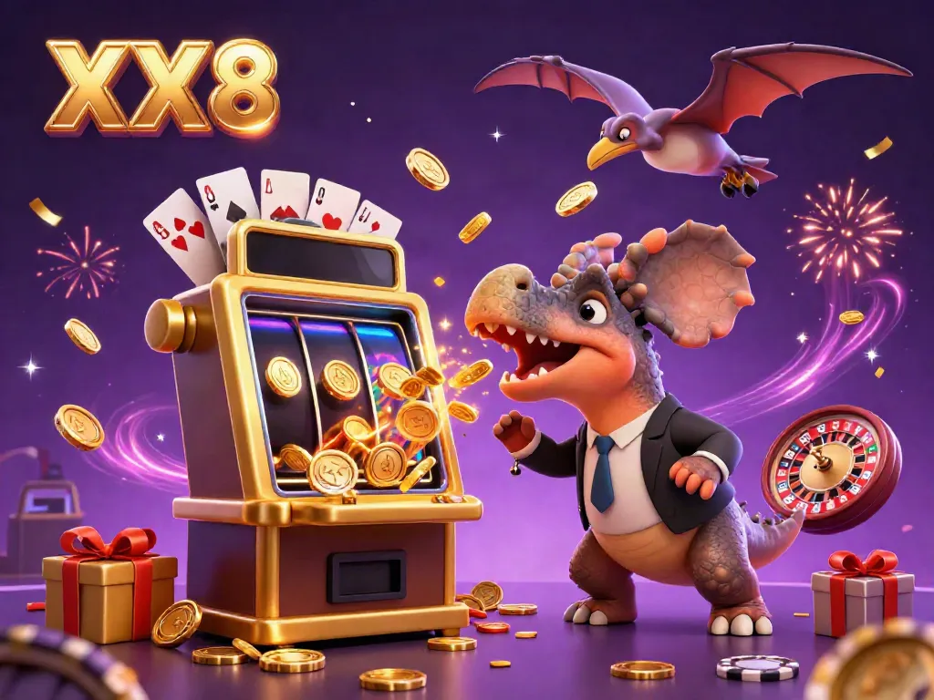 Experience the thrill of winning at XX8's jackpot with vibrant characters, golden coins, and engaging gaming elements.