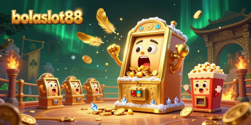 Bolaslot88 slot machine celebrates a jackpot, surrounded by cheering baby slots and gold coins.