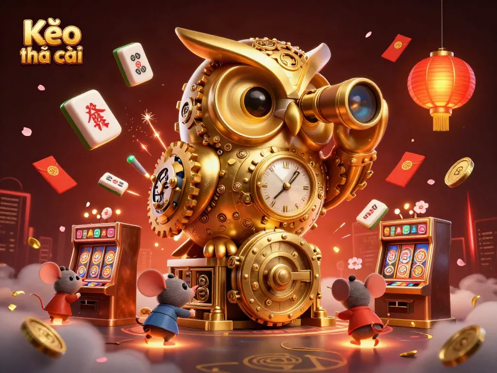 Kèo nhà cái showcases a vibrant casino scene with a golden owl and playful characters amidst festive decorations.