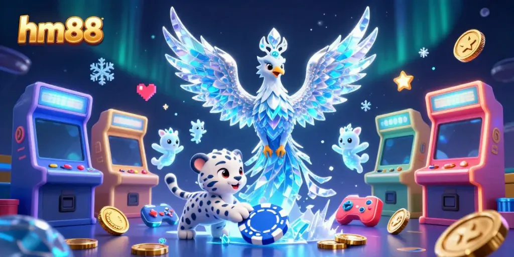 Engage with the vibrant world of hm88, where an ice phoenix and playful snow leopard cub illuminate a casino adventure.