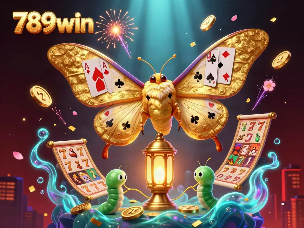 Experience thrilling gameplay at 789win with stunning slot machines and vibrant casino scenes illuminated by a golden moth.