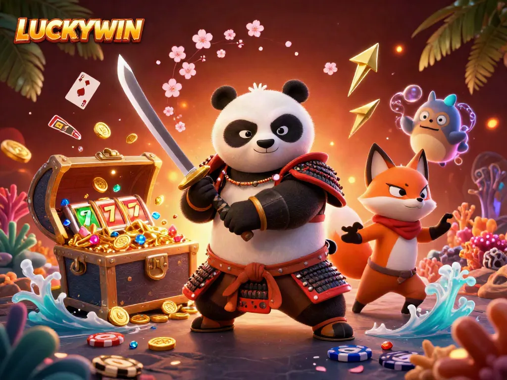Engage in captivating actions with LUCKYWIN, where a fierce panda samurai battles alongside a ninja fox and a spirited tanuki in vibrant casino gaming.