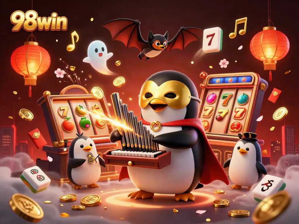 Experience thrilling wins at 98win with the vibrant, action-packed casino illustration.