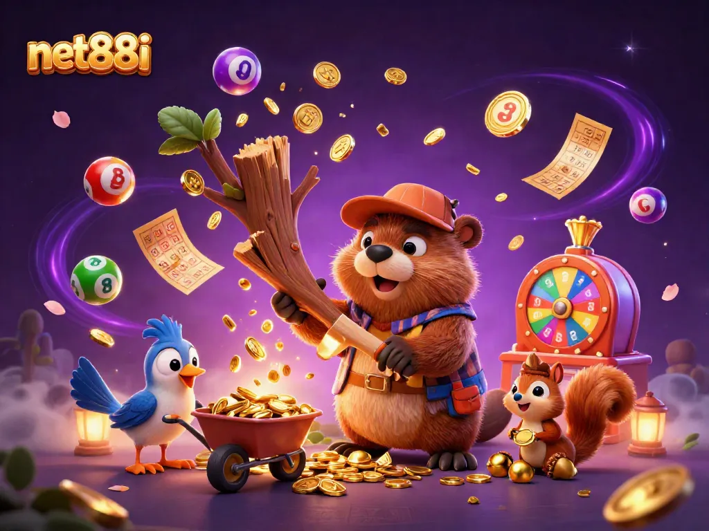 Experience the excitement of net88i with a beaver celebrating a jackpot, surrounded by colorful lottery elements.