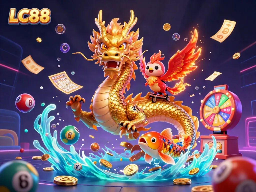 Experience the thrilling world of LC88 with a dynamic 3D scene featuring a golden dragon, phoenix, and lucky koi amidst lottery elements.