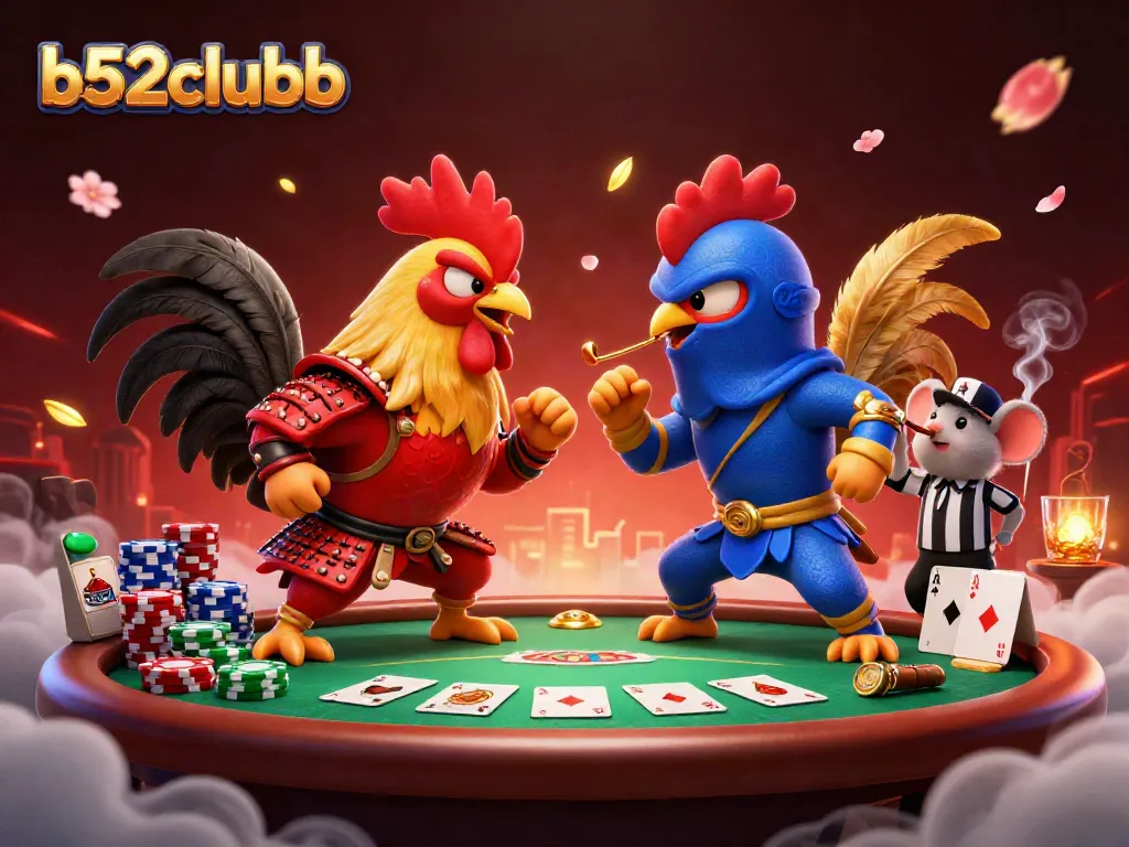 Engage with b52clubb in a thrilling showdown of roosters above a vibrant poker scene.