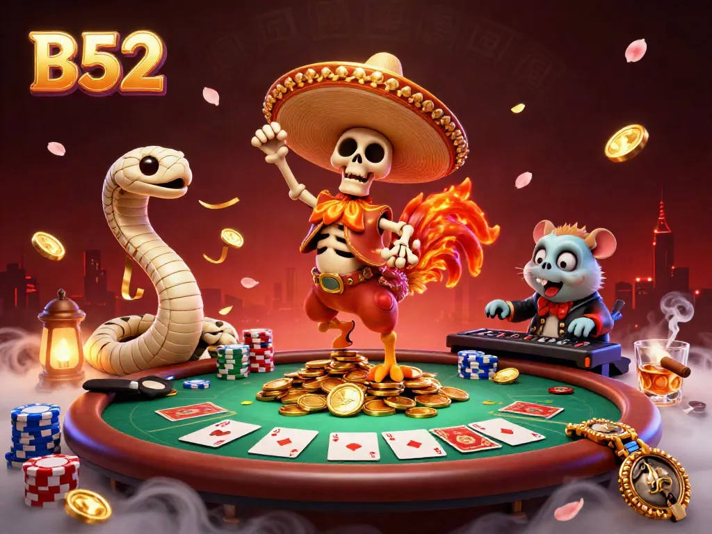 Experience the thrilling B52 casino victory with characters celebrating surrounded by poker elements and gold coins.