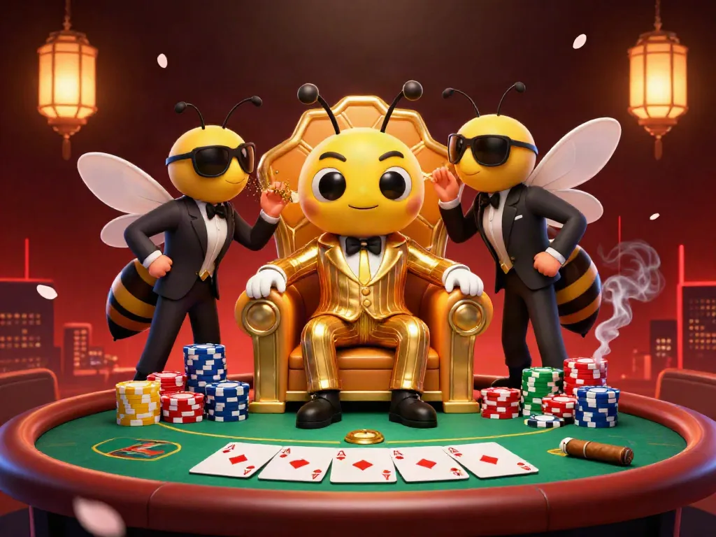 Experience the exciting BJ88 casino scene with a bumblebee mob boss, poker action, and vibrant atmosphere.