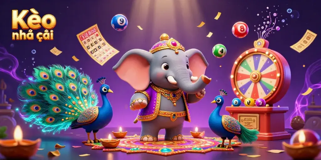 Engage with Kèo nhà cái in a vibrant casino scene featuring a colorful elephant and peacock with dynamic gambling elements.