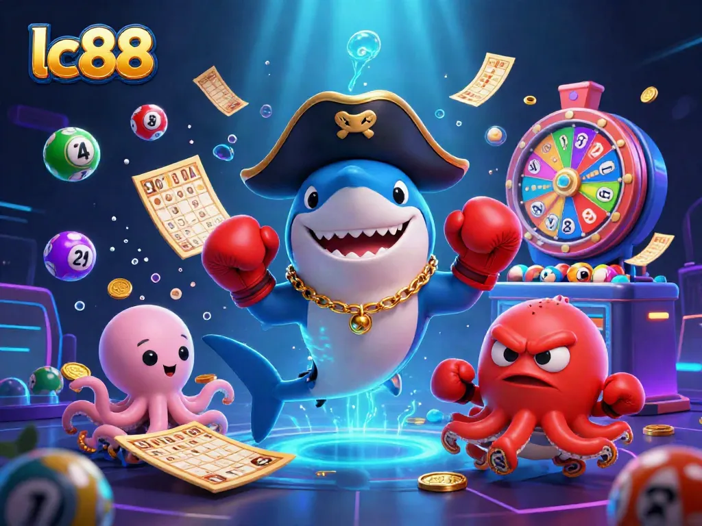 Engage with lc88's vibrant gaming scene featuring a cartoon pirate shark, pufferfish, and octopus in action.