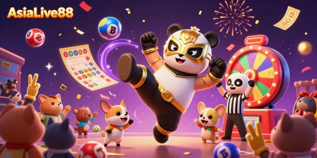 Experience the thrill of AsiaLive88 with a dynamic scene of cartoon characters celebrating casino wins.