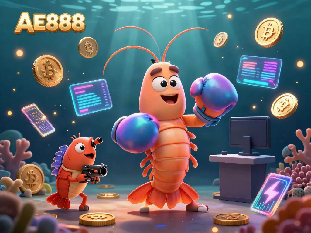 Engage with AE888's casino gaming excitement featuring vibrant 3D characters and digital currency motifs.