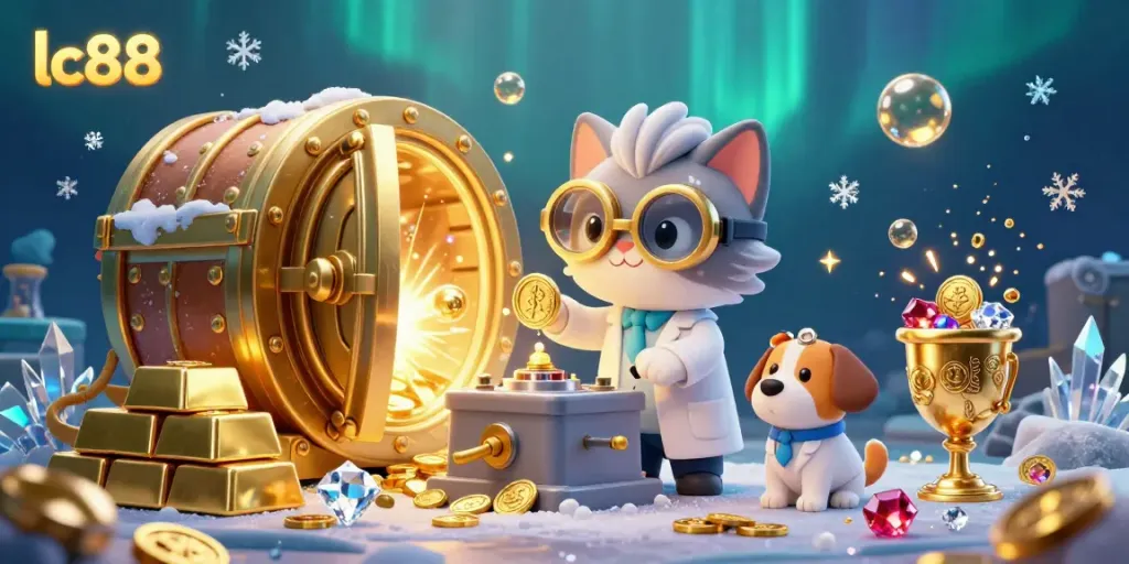 Experience the excitement of lc88 with a cartoon mad scientist cat and dog in a dazzling treasure lab.