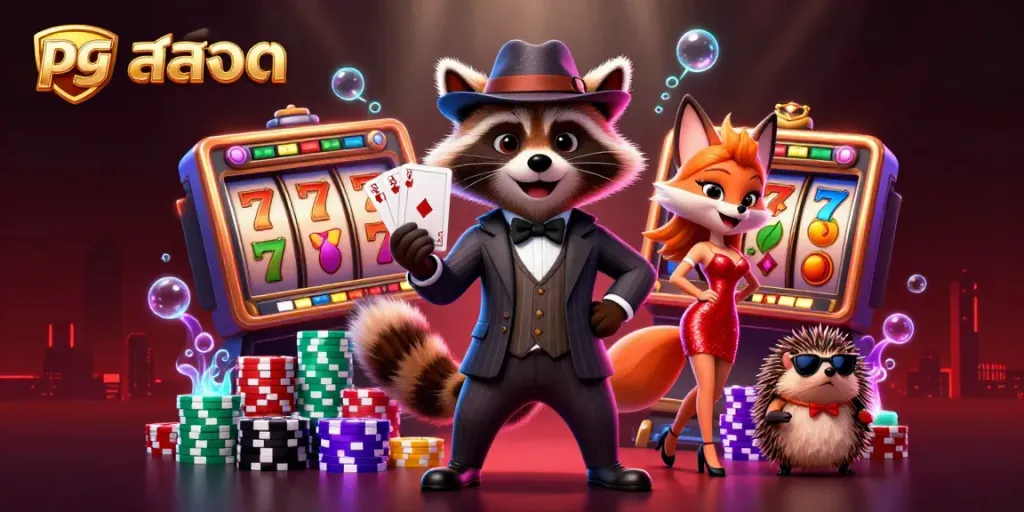 Engage with pg สล็อต gameplay featuring a suave raccoon, a glamorous fox, and a vigilant hedgehog amid vibrant slot elements.