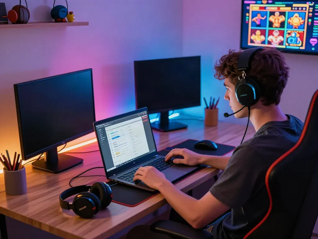 Player immersed in slot88 game on laptop in colorful gaming setup.