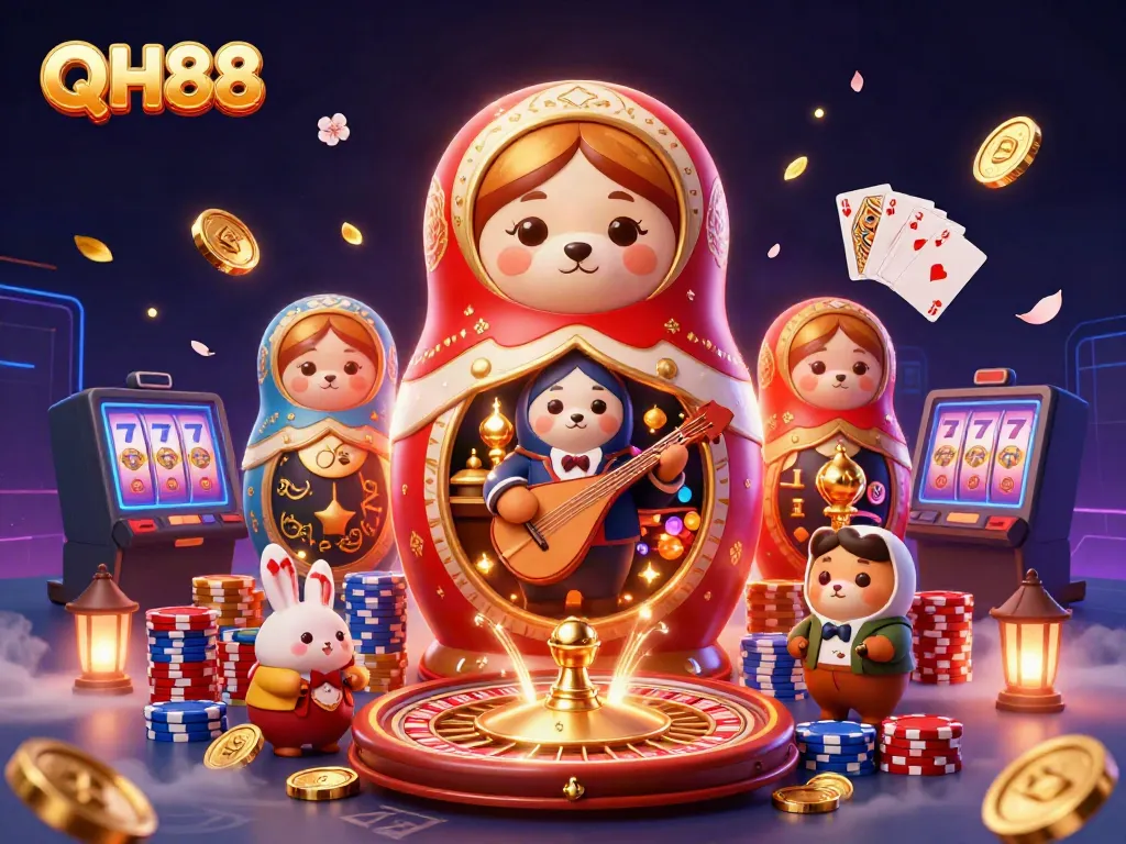 Engage with QH88's vibrant gambling world featuring casino-themed characters and dazzling game elements.