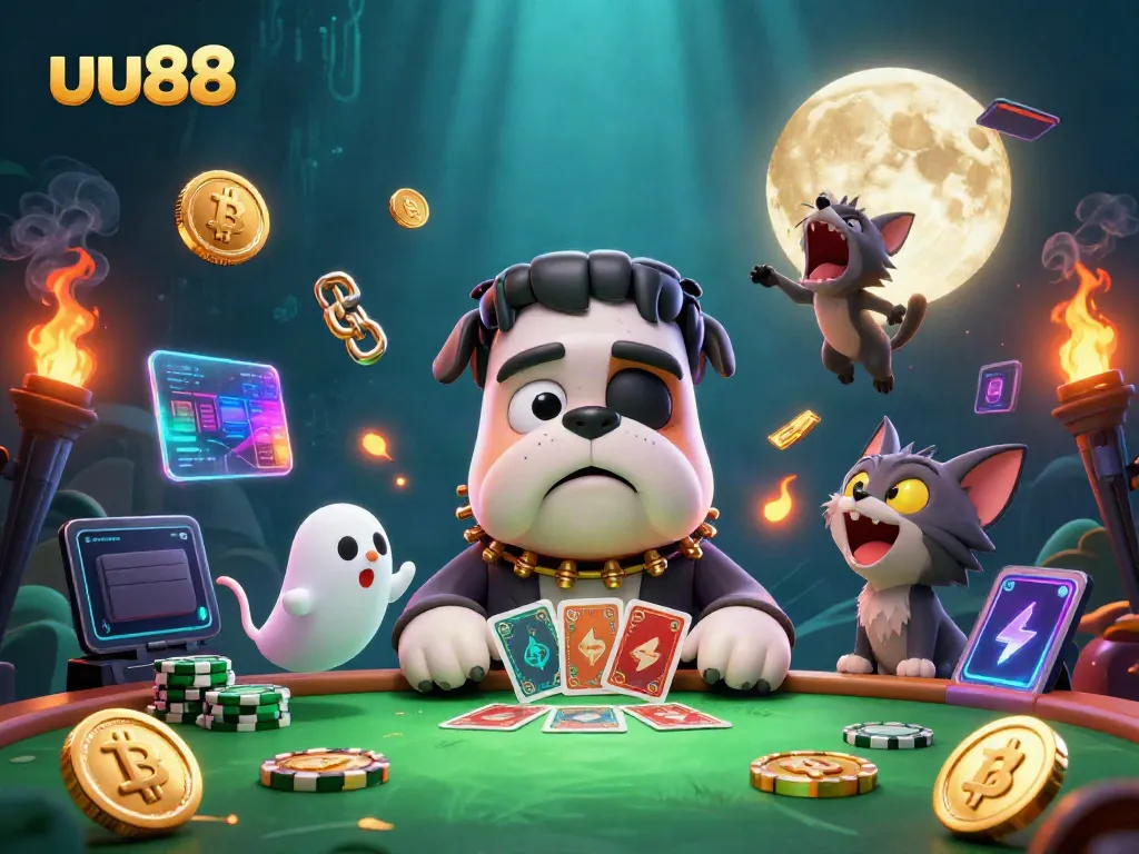 Engage with uu88's vibrant gaming adventure led by a whimsical bulldog dealer in a spooky casino
