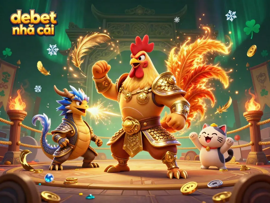 Engage with debet nhà cái in this vibrant 3D illustration of a cockfighting arena featuring a rooster warrior and armored dragon.