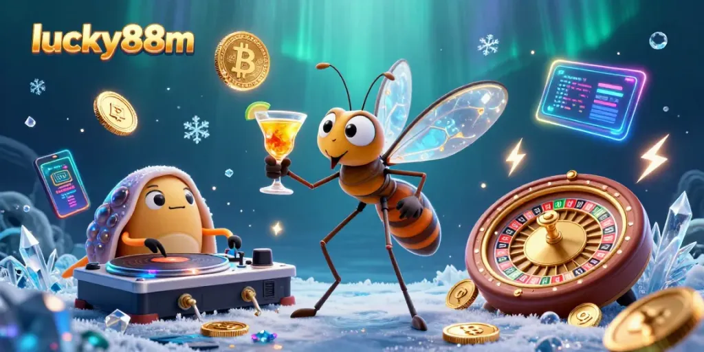 Experience the vibrant casino world at lucky88m with a playful mosquito mascot and engaging gaming elements.