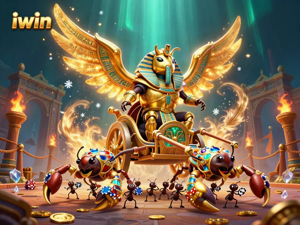 Engage with iwin’s thrilling gaming atmosphere featuring a golden scarab and dynamic elements.