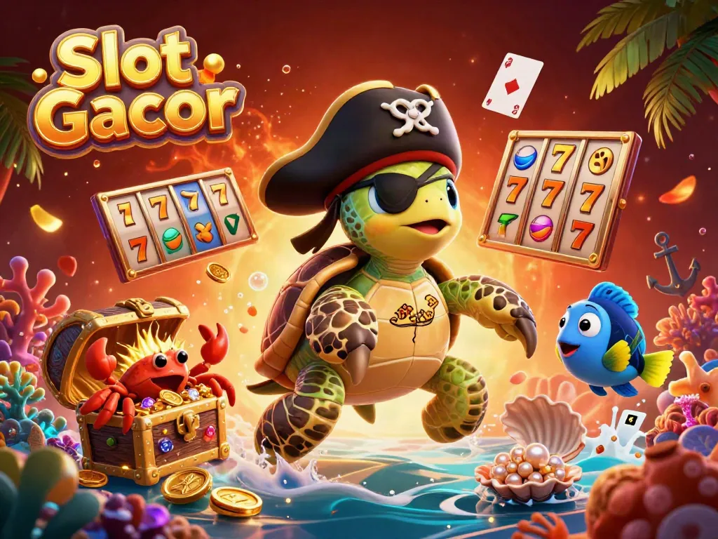 Slot Gacor showcases vibrant slot-themed treasures with a pirate turtle, hermit crab, and parrotfish in a rich 3D scene.