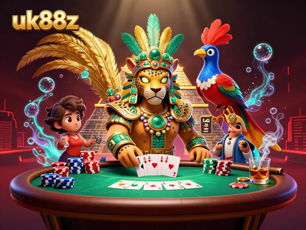 Engage with the vibrant uk88z scene featuring a Mayan jaguar priest and quetzal bird amidst casino excitement.